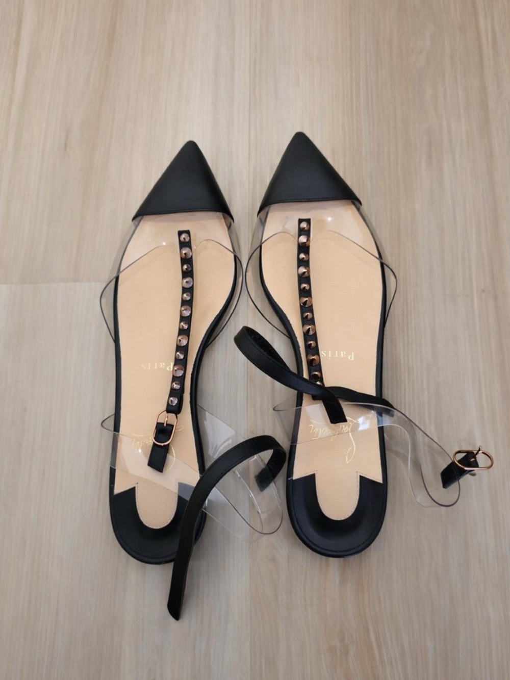 Black Pointed Clear-Strap Women's Flats - Picture 1 of 2